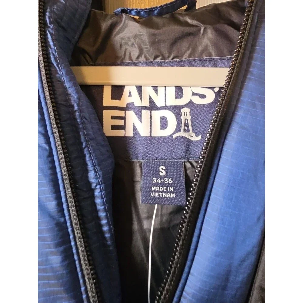 Lands' End 600 Fill Down Puffer Jacket Men's Small Blue Black Faux Fur Hood NWT